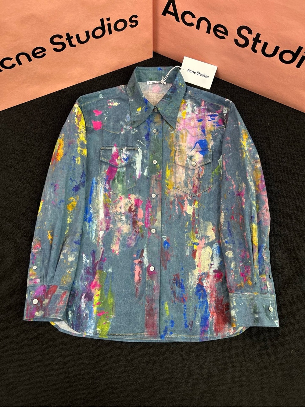 Acne Studios Denim Button-Down Shirt with Multicolor Paint Splatter